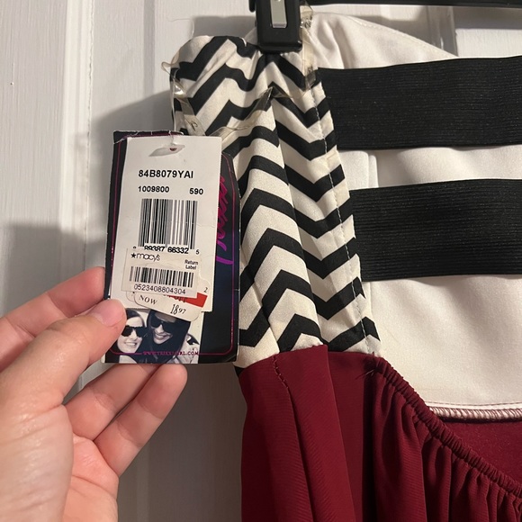 Chevron Black and White Strapless Dress with Berry Colored High Low Lined Skirt - Picture 4 of 4